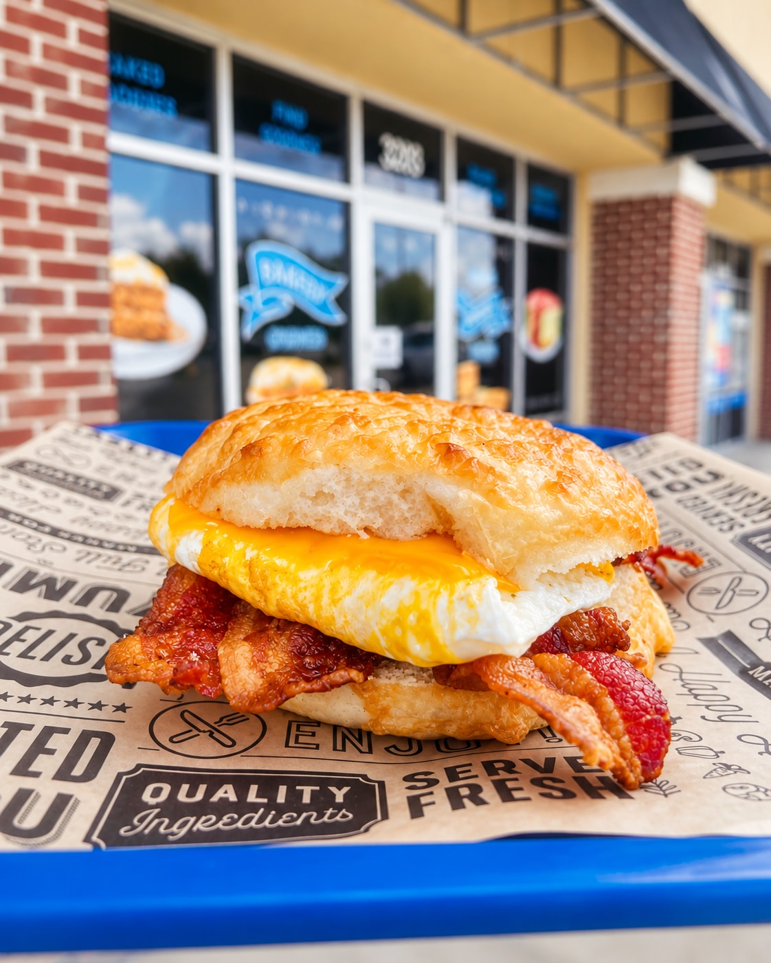 A golden bagel filled with bacon, egg, and cheese