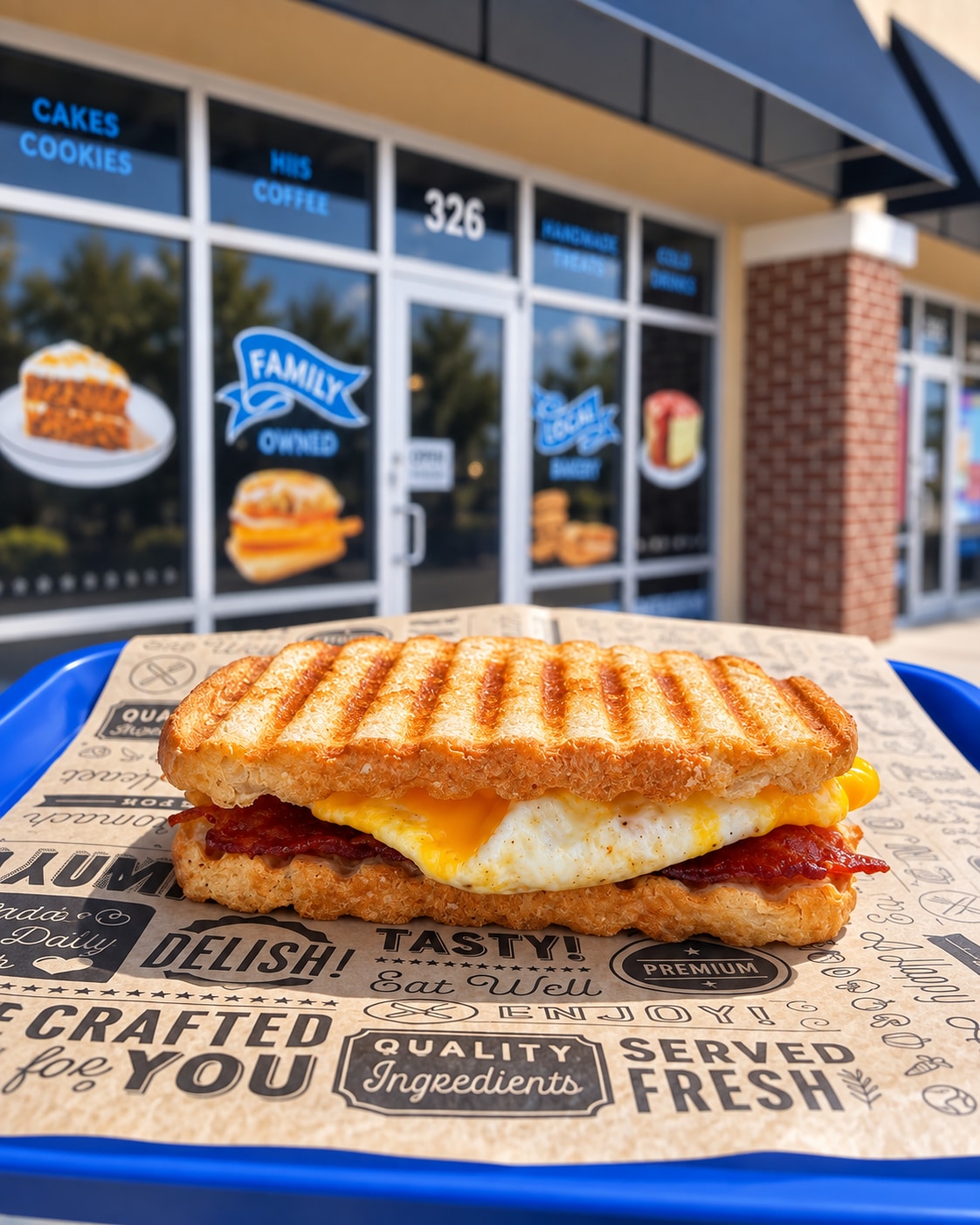 Toasted breakfast panini with bacon, egg, and melted cheese