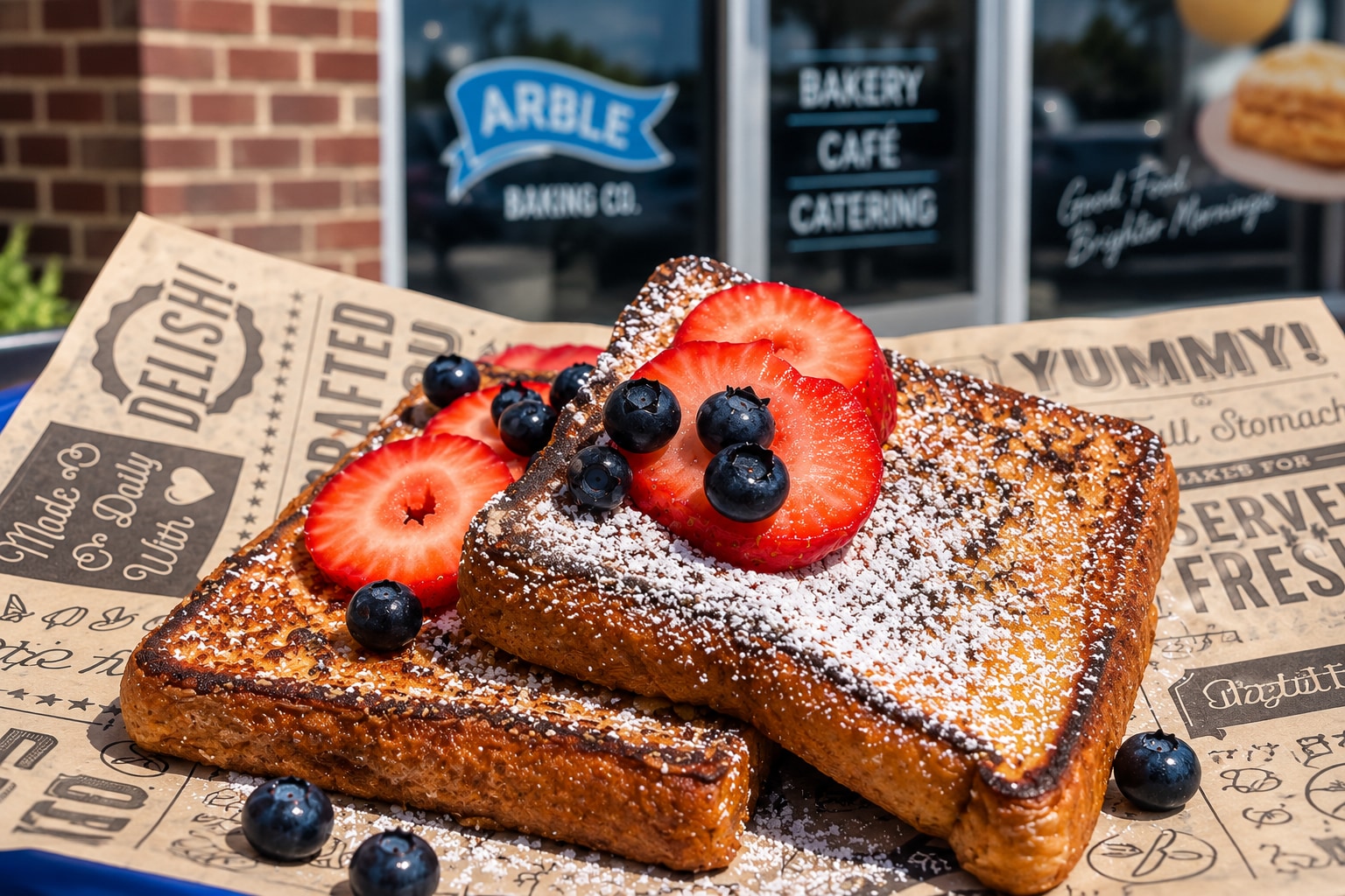 French toast topped with strawberries, blueberries, and a dusting of powdered sugar.