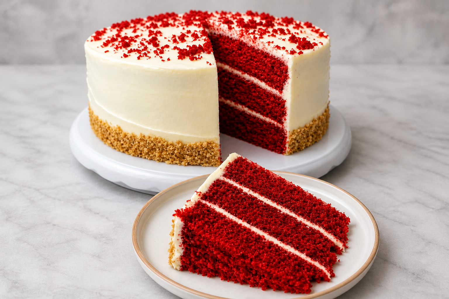 Three-layer red velvet cake with cream cheese frosting and a slice served in front